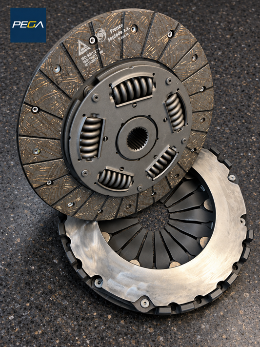 PEGA clutch friction disc and pressure plate for Ferrari 360, shown together