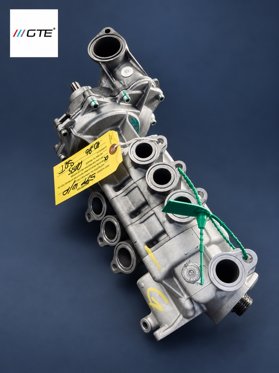 Water pump rebuild service example with inspection tag and green security seals