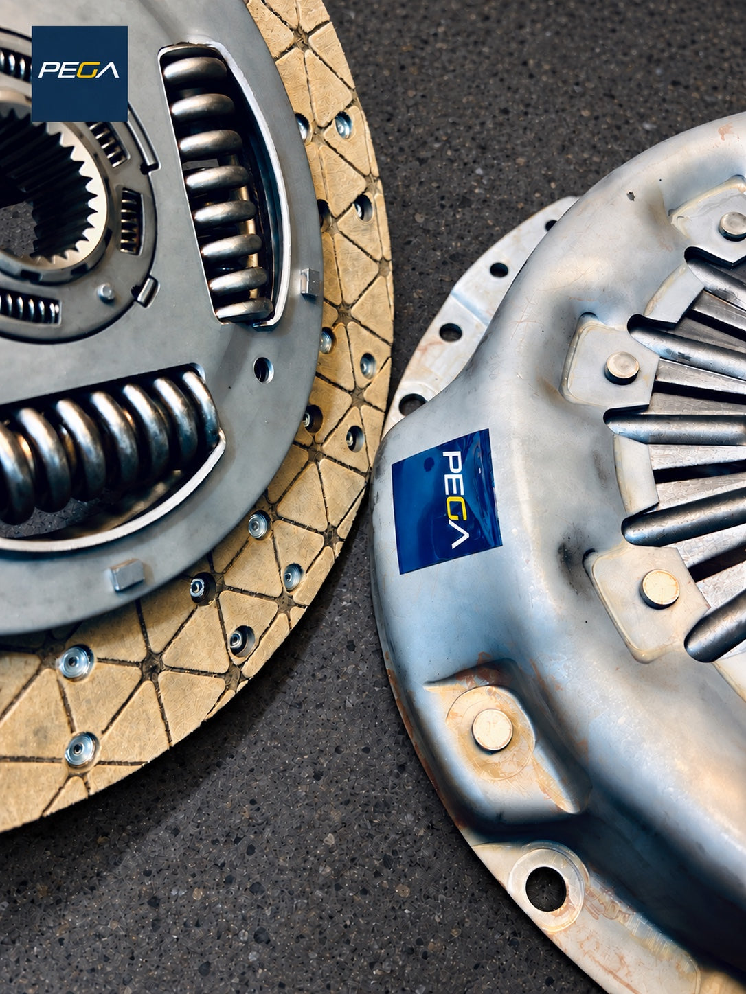 PEGA Stage 3 Kevlar clutch example showing the friction disc, sprung hub and pressure plate