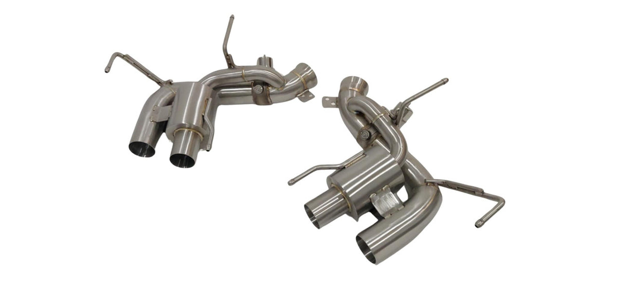 Alternate supplier reference view of a TOP SPEED PRO-1 valved axle-back exhaust pair; not a verified F12-specific photograph.